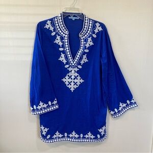 Antonio Melani Tunic Top Sz M Womens Royal Blue White Embroidery Cotton